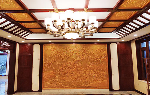 漳浦中式别墅客厅中式木作横梁吊顶装饰展示