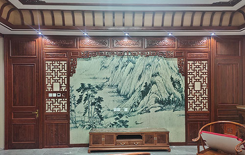漳浦中式仿古别墅客厅背景墙花格木作装饰